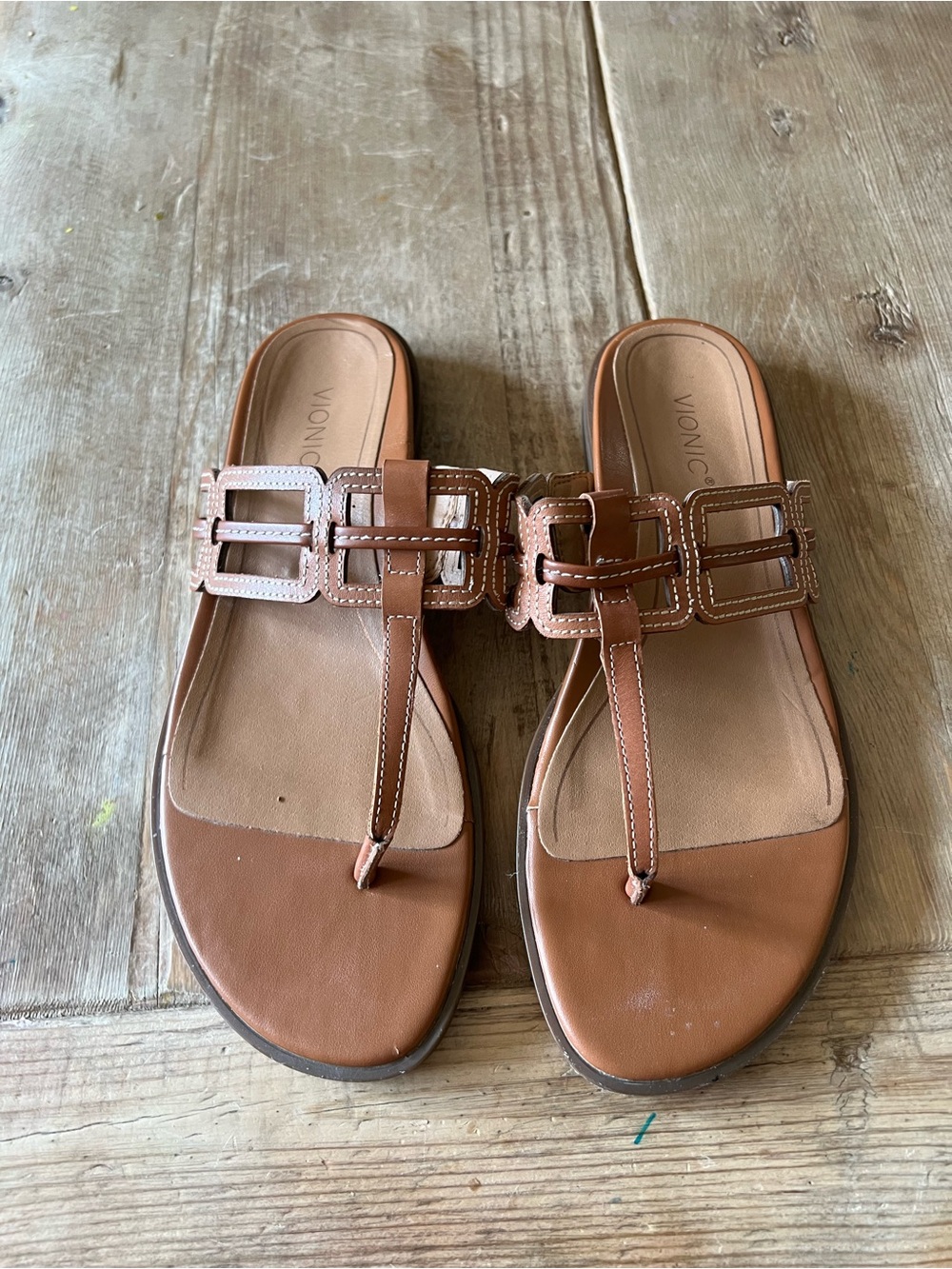 Vionic Tan Brown T-Strap Leather Slide Sandals - Picture 10 of 11